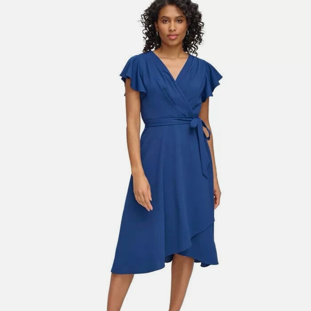 DKNY Flutter-Sleeve Faux-Wrap Blue V-Neck  dress